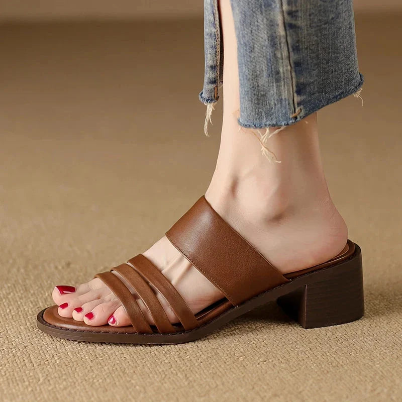 Luxurious high heel leather sandals for women in the UK, featuring a retro-inspired design and premium cow leather construction.