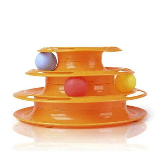 A yellow cat pyramid toy with colourful balls that encourages natural play and exploration for feline friends