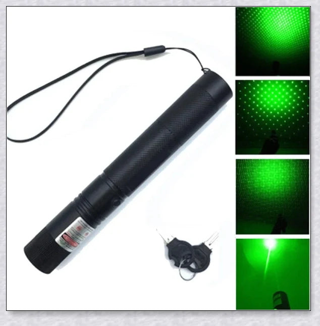 A high-powered green laser pointer pen with adjustable star cap and rechargeable design for presentations, stargazing, and versatile applications.