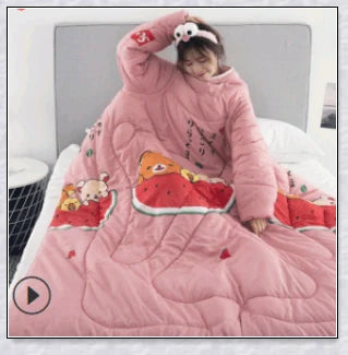 A cosy, wearable quilt with sleeves in a variety of colourful designs, perfect for staying warm and comfortable during the winter months.