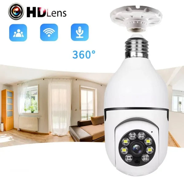 Discreet 1080p 360-degree panoramic WiFi security camera hidden in a light bulb design for comprehensive home surveillance