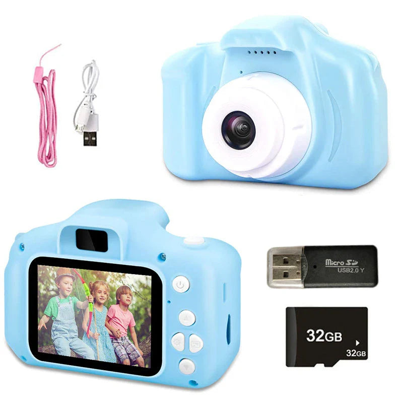 A pink kids' digital video camera with a 2.0-inch TFT screen and simple controls, designed for capturing high-resolution photos and videos
