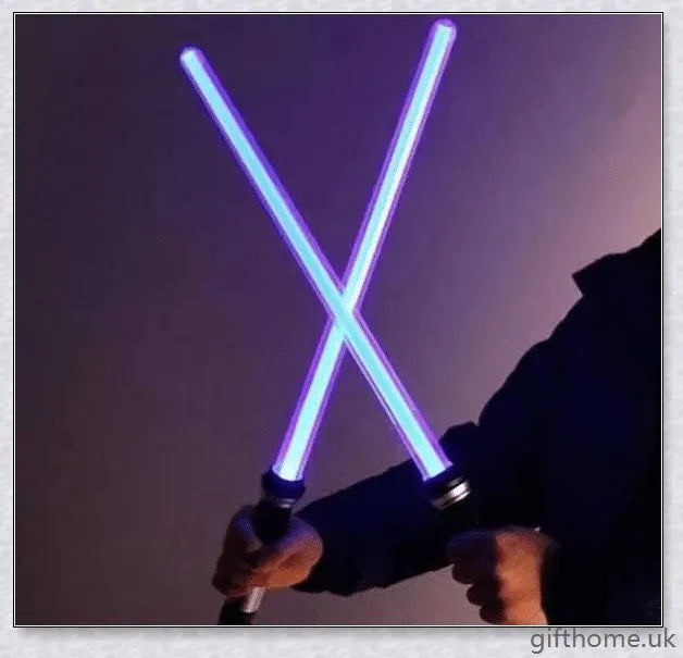 Premium dual-bladed lightsaber with sleek silver hilt, vibrant light modes, and sound effects for authentic Star Wars gameplay