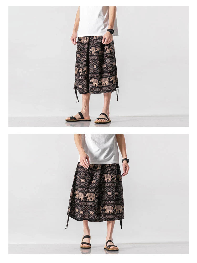 Men's loose-fitting Chinese-inspired cropped pants with a dragon or elephant floral pattern in navy blue, red, or coffee colours