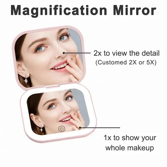 Compact LED-Lit Folding Makeup Mirror with 2x Magnification for Precise Makeup Application