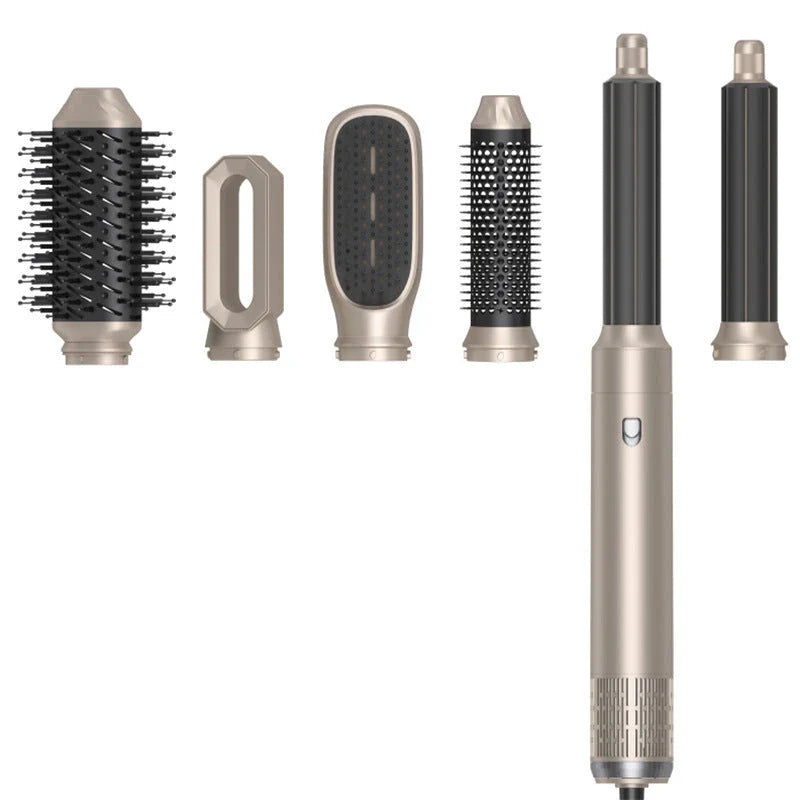 A 6-in-1 multifunctional hot air comb with multiple heat settings, rotating barrel, and interchangeable brush heads for versatile styling