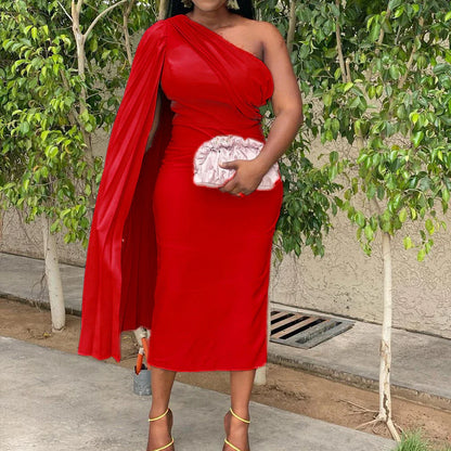 Sophisticated one-shoulder plus size evening dress with an alluring asymmetric neckline and figure-flattering silhouette