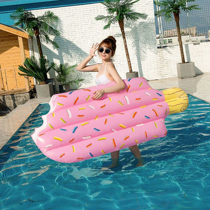Premium inflatable swim float in a vibrant pink and blue ice cream design, providing comfortable and stylish relaxation on the water