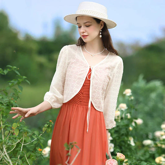 Elegant Summer Lace Jacket for Women - Vintage-inspired style with floral and lace design, puff sleeves, and wide-waisted cut for a flattering silhouette.