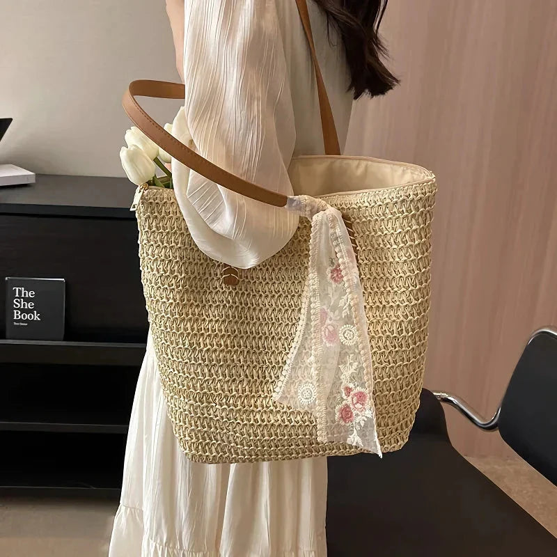 Elegant handcrafted woven straw tote bag in beige colour, perfect for summer outings and carrying essentials