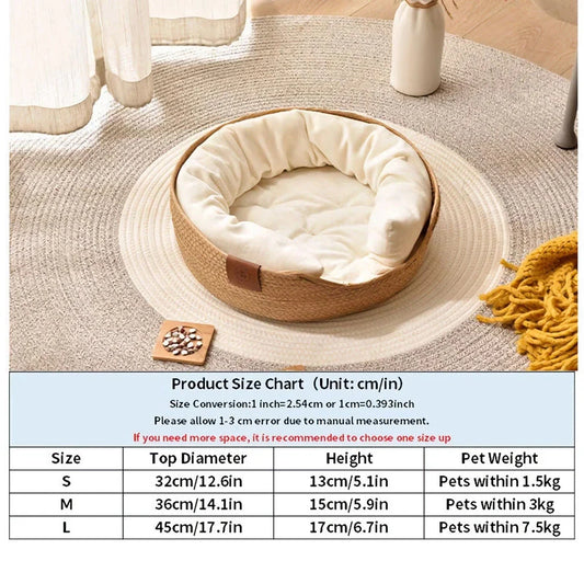 Handcrafted bamboo pet bed with removable cushion, providing a cosy and stylish sleeping space for cats and small dogs