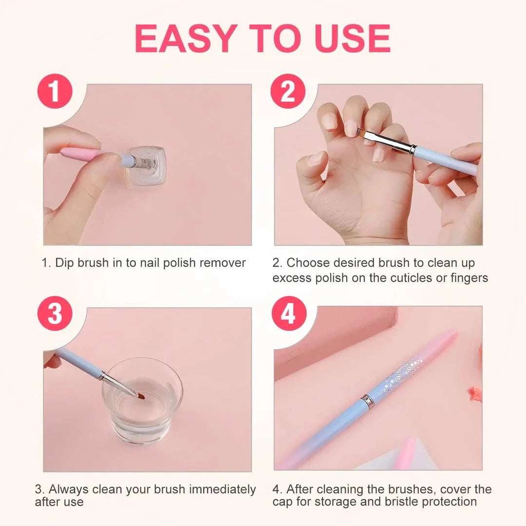 Premium nylon nail art brushes with round and angled heads for precise painting and clean-up
