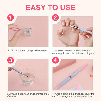 Premium nylon nail art brushes with round and angled heads for precise painting and clean-up