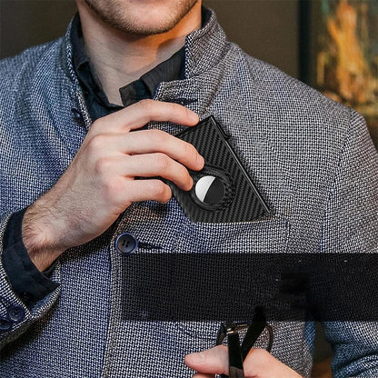Premium carbon fibre and genuine leather card holder with stylish black and stripe design, offering anti-theft protection and ample storage for the modern UK consumer