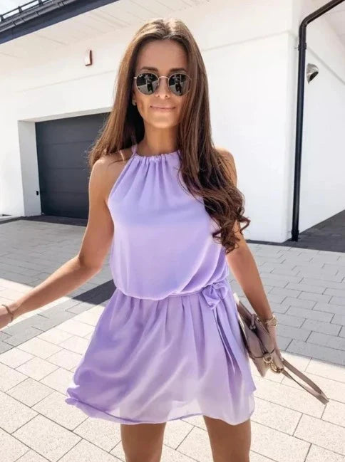 Chiffon beach dress with hanging neckline in black and light purple colours
