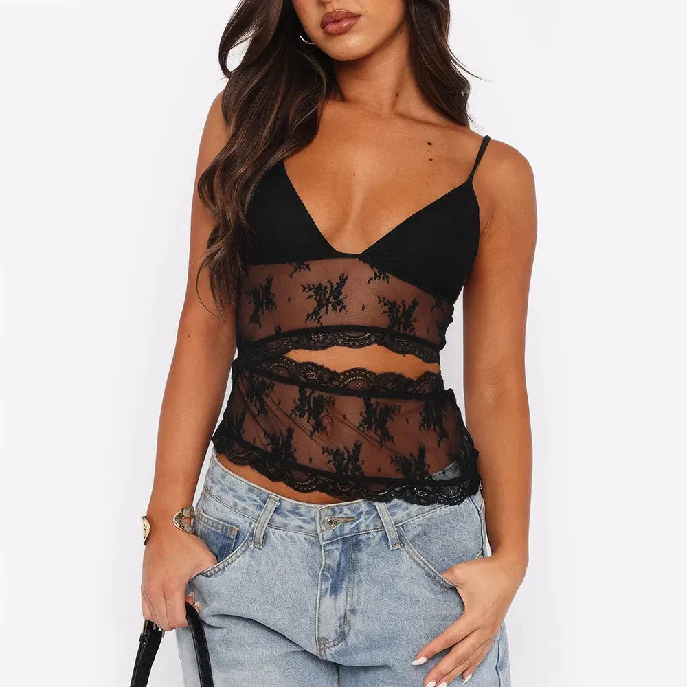 Stylish floral lace camisole top with spaghetti straps and backless design for fashion-forward summer looks