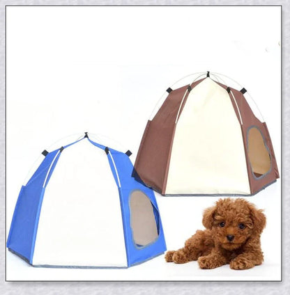 Cosy hexagonal pet tent made of microfibre fabric and carbon rods, providing a warm and stable space for cats and small dogs to relax indoors or outdoors.