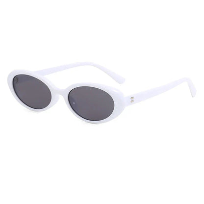 Oval-shaped women's sunglasses in a white and grey colour, offering UV protection and a stylish, retro-inspired design.