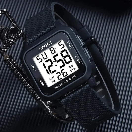 Rugged LED military sports watch with shock-resistant rubber case and tough TPU band, designed for adventurous men in the UK