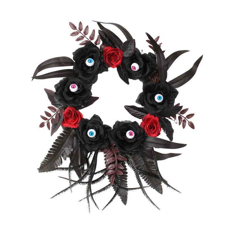 Artificial Halloween rose eyeball garland decoration with lifelike eyeballs and feathery rose blooms