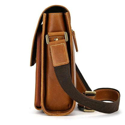 Premium leather crossbody bag with flap closure, vertical square shape, and multiple interior compartments