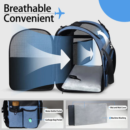 Airline-approved pet backpack carrier with breathable mesh windows, lockable zippers, and ergonomic design for comfortable pet travel