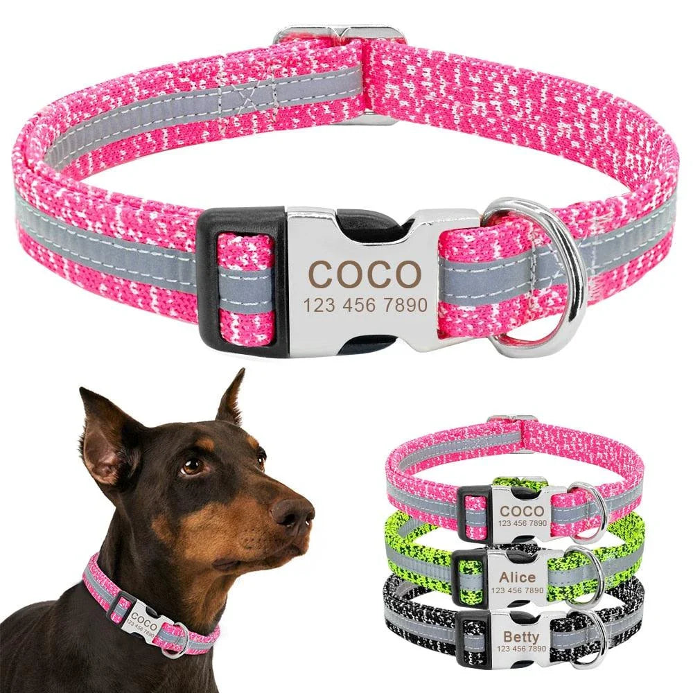A stylish and reflective dog collar made from high-quality nylon material for enhanced visibility and safety.