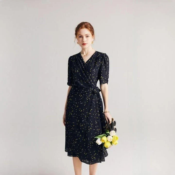Elegant black polka dot silk wrap dress for women with chic V-neck and empire waistline