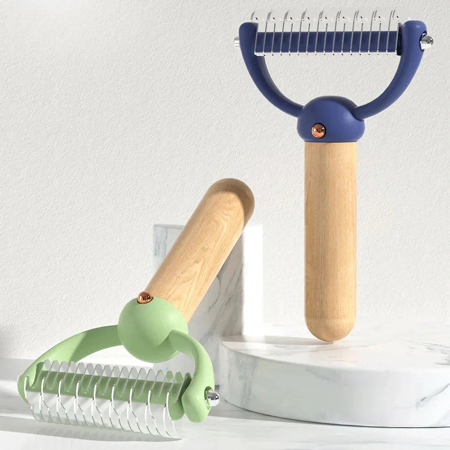 Double-sided pet hair comb with stainless steel blades and ergonomic wooden handle for effective grooming