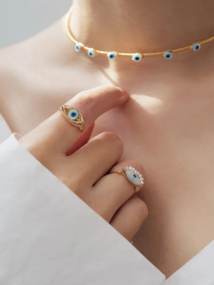 Elegant Lover's Eye Ring made with lustrous mother-of-pearl shell, featuring a delicate and Bohemian-inspired design