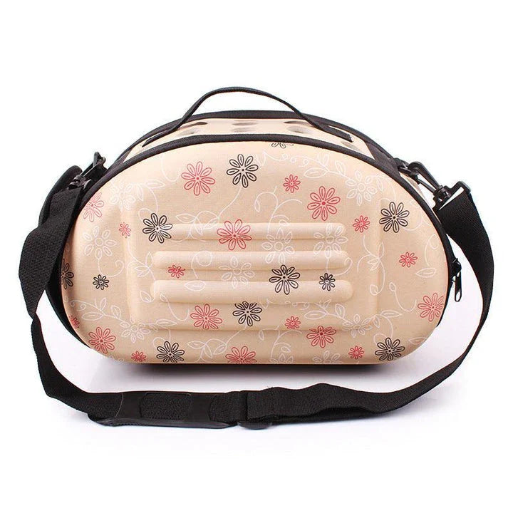 Premium breathable dog carrier in champagne colour with plush polyester lining and mesh panels for comfortable pet travel