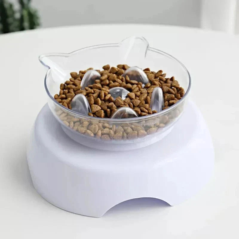 A white 15-degree inclined pet bowl with a non-slip stand, designed to provide a comfortable and healthy mealtime experience for cats and small dogs.