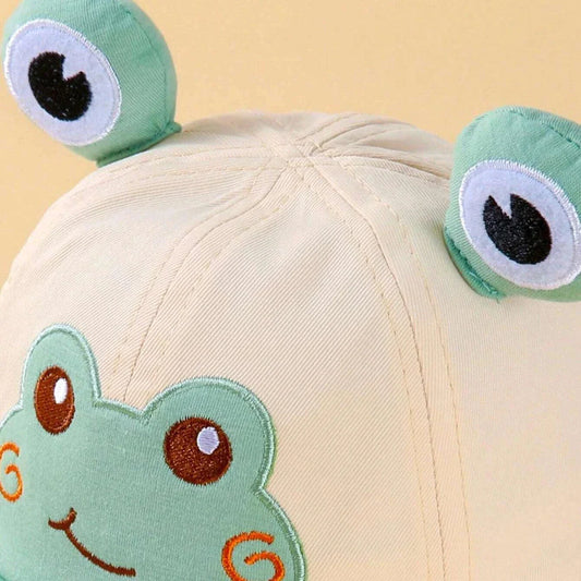 Charming frog-themed baby sun hat made from soft, breathable cotton with UPF 50+ sun protection