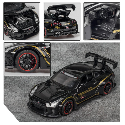 Premium 1:32 scale diecast model of the iconic Skyline R34 and R35 sports car, featuring detailed construction, interactive elements, and authentic design.