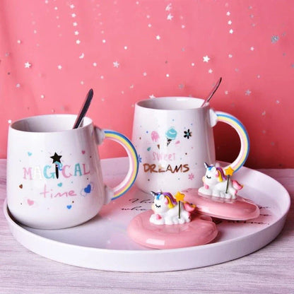 Premium ceramic unicorn coffee mug with 3D lid and stainless steel spoon for a magical daily beverage experience