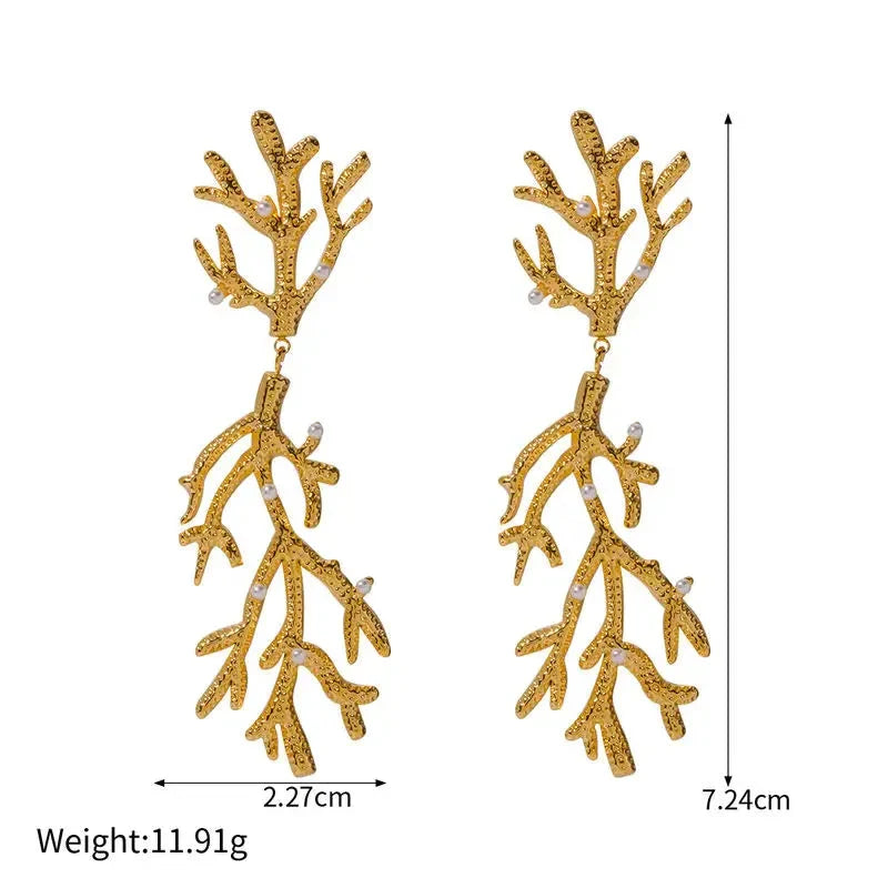 Elegant 18K gold plated coral pearl pendant earrings with a secure stud closure and a tarnish-proof finish