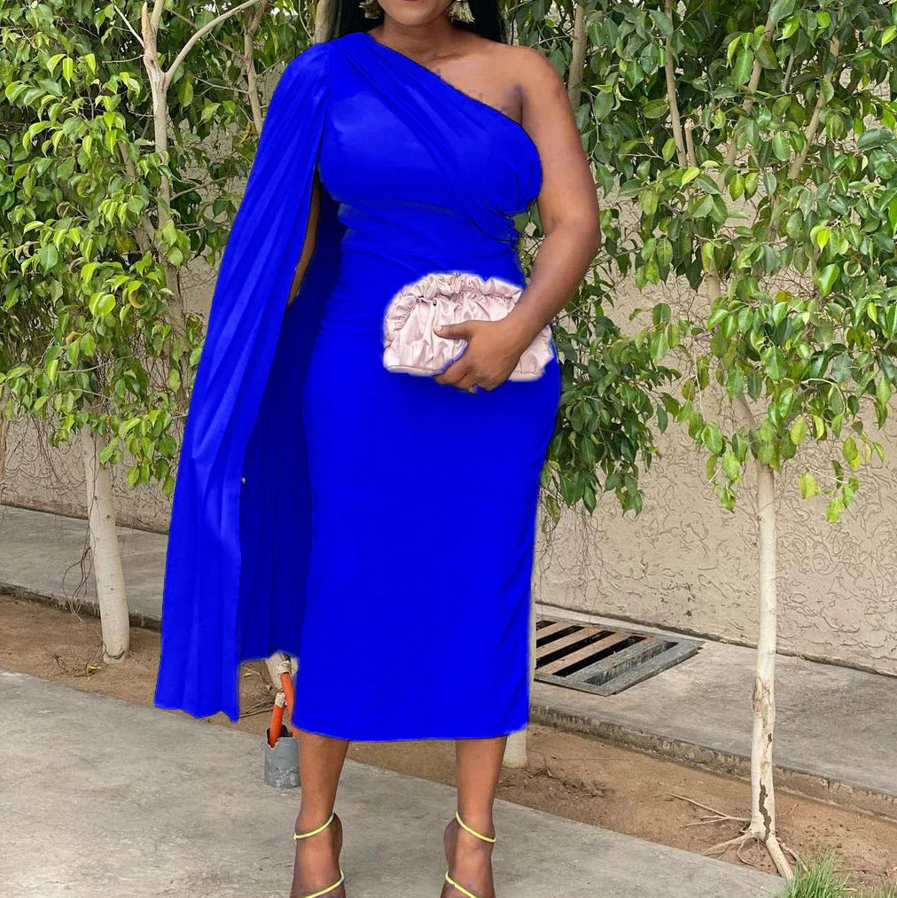 Sophisticated one-shoulder plus size evening dress with an alluring asymmetric neckline and figure-flattering silhouette