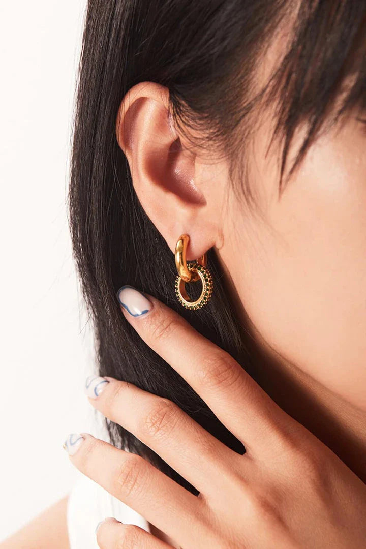Elegant 18K gold-plated double-hoop earrings with shimmering zircon stone inlays