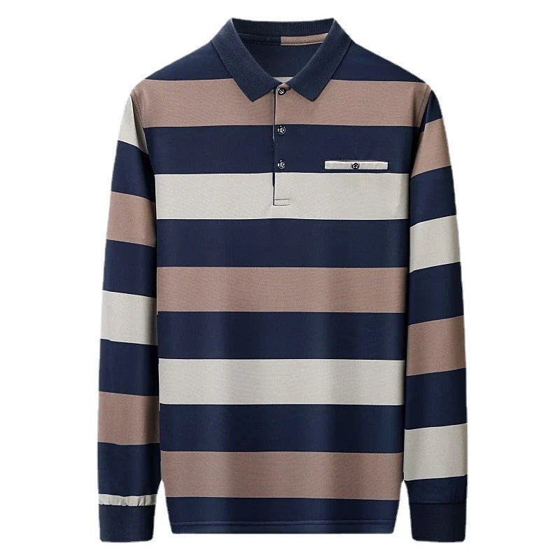 Premium Striped Long Sleeve Polo Shirt in Gray for Gentlemen - Soft, Breathable Fabric, Colour-Block Design, Versatile Casual-to-Smart Styling