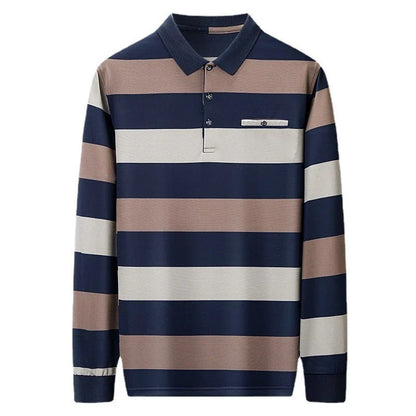 Premium Striped Long Sleeve Polo Shirt in Gray for Gentlemen - Soft, Breathable Fabric, Colour-Block Design, Versatile Casual-to-Smart Styling