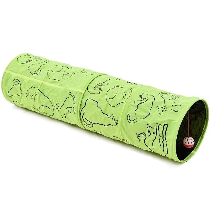 Green nylon cat tunnels with soft cloth material, designed to stimulate a cat's natural curiosity and provide hours of enrichment and entertainment.