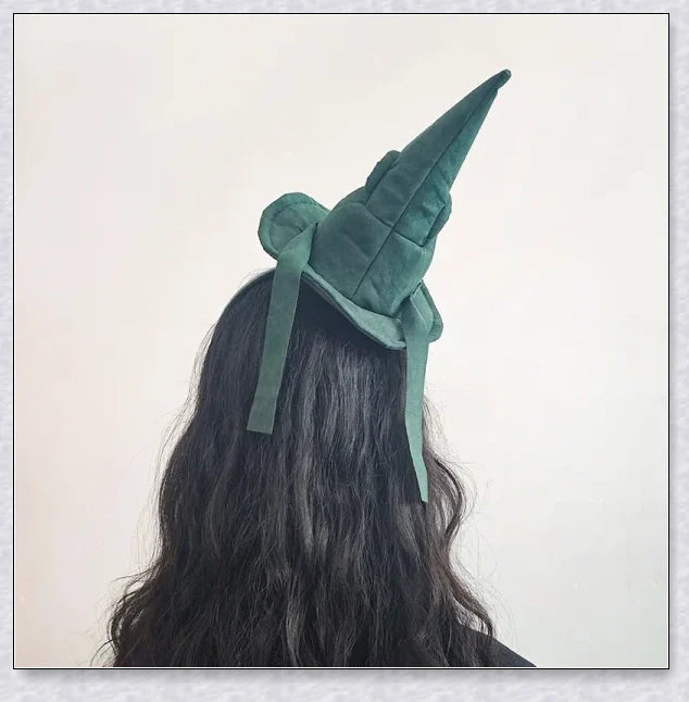 Sortband Halloween Witch Hat Headband in red, green, and brown colours with a detachable witch hat design