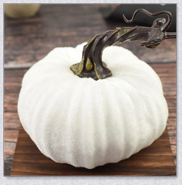 Punki Mini Velvet Halloween Pumpkins in various autumn colours, including orange, burgundy, green, and navy.