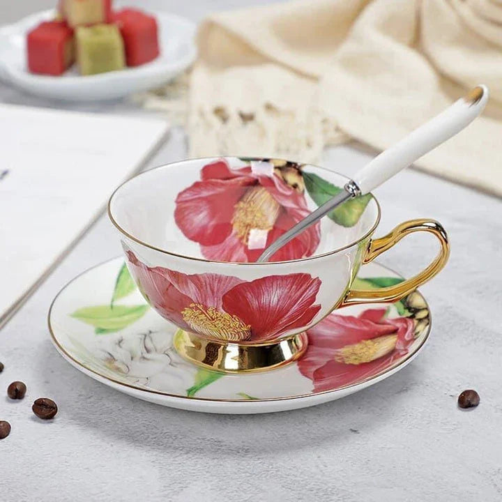 Charming floral porcelain tea set with cup, saucer, and spoon in a variety of delicate colour options