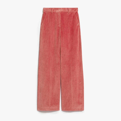 A pair of high-waist, wide-leg corduroy trousers in a classic red colour, designed for the modern British woman's wardrobe.