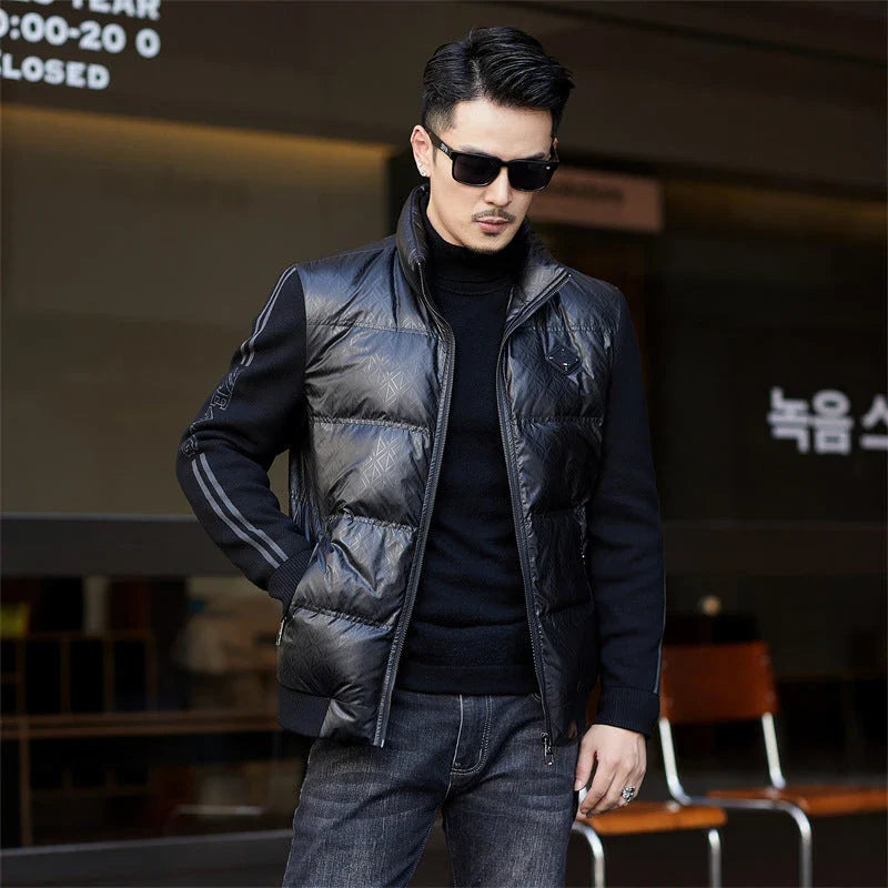 Warm and weatherproof men's down jacket with stand collar and knitted sleeves, made from premium polyester fibre and filled with luxurious duck down