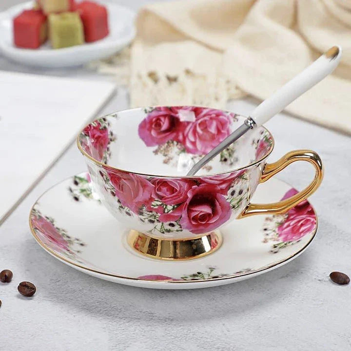 Charming floral porcelain tea set with cup, saucer, and spoon in a variety of delicate colour options