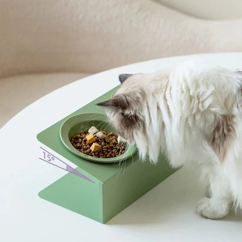 Stylish elevated ceramic pet bowls with an iron stand, designed for both cats and small dogs.
