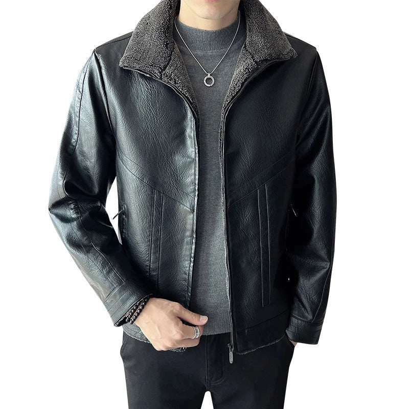 Premium plus-size leather jacket in classic Hong Kong style with velvet padding for exceptional comfort and warmth