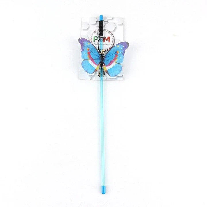 A colourful cat toy in the shape of a butterfly on a stick, designed to engage and entertain your feline friend.